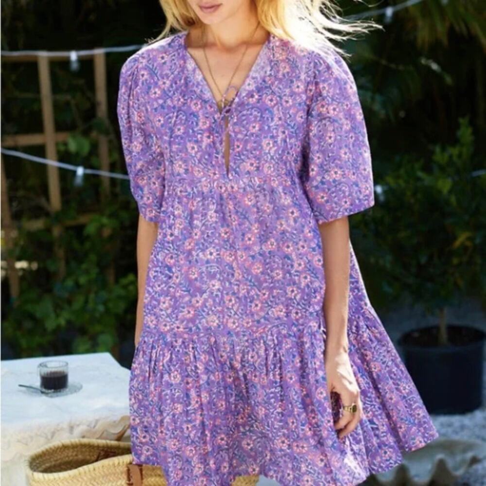 Emerson Fry India Collection Isla 100% Cotton Mini Dress Violet Wildflower M/L
